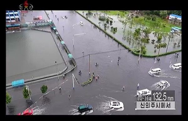 Flooding of central Sinuiju, 7 July. Source: KCTV.